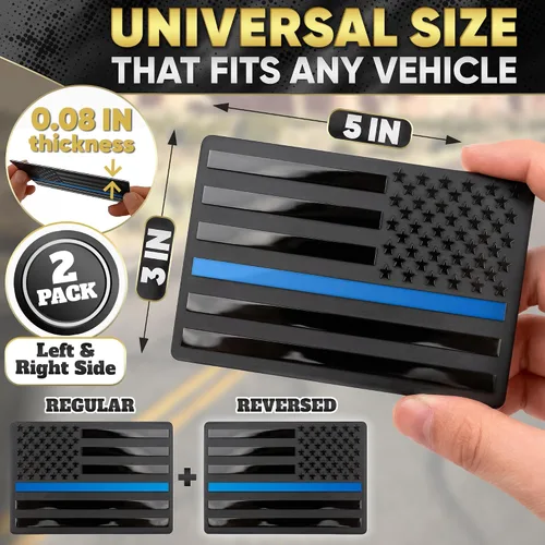 Miniatura 2 de Calcomanía de bandera estadounidense negra 3D para automóvil con línea azul, aluminio en relieve, 1 par de metal cepillado negro mate de 5 x 3