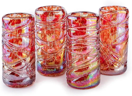 Miniatura 29 de Specialty - Vasos de tequila mexicanos, soplados a mano con color y textura únicos, juego de 4 piezas (borde azul)
