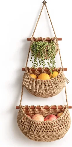 Cesta de frutas colgante, organizador de 3 niveles sobre la puerta, cestas de pared de yute tejidas a mano para organizar, decoración BOHO,