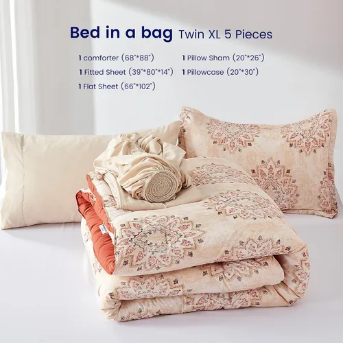 Miniatura 2 de SLEEP ZONE - Juego de edredón con patrón damasco beige tamaño twin XL, cama en una bolsa - transpirable, 5 piezas con 1 edredón (68x88), 1 sábana