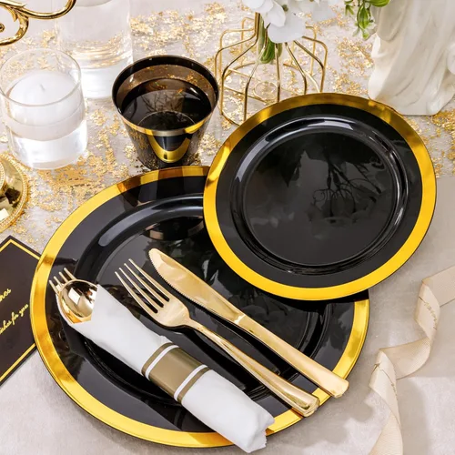 Miniatura 5 de YOUBET - 350 piezas de platos de plástico negro y dorado - Juegos de vajilla desechable dorada para 50 invitados - 100 platos de plástico, 150