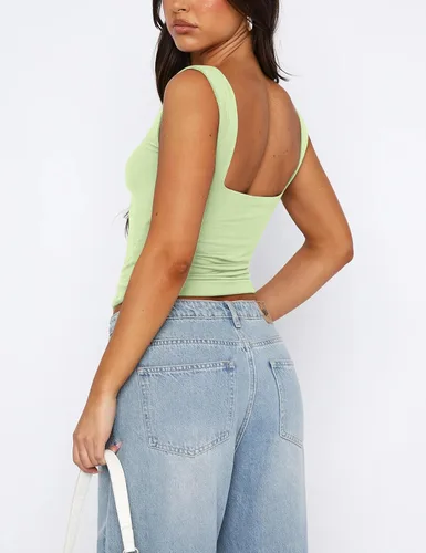 Miniatura 4 de Cioatin Camiseta corta sin mangas con cuello corazón para mujer, estilo Y2K, sin mangas, ajustada, para verano, a la moda