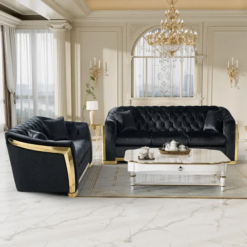 Miniatura 5 de DAMAIFROM Sofá Chesterfield moderno de mediados de siglo, sofá de terciopelo de 62"+84" pulgadas, sofá de terciopelo negro y dorado, sofá curvo