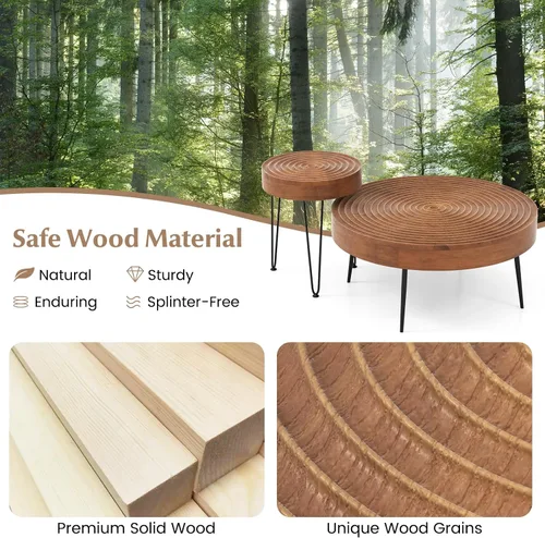 Miniatura 4 de Giantex Juego de 2 mesas auxiliares redondas bohemias, mesa anidable lateral para sofá con parte superior de madera de pino maciza, patas de metal