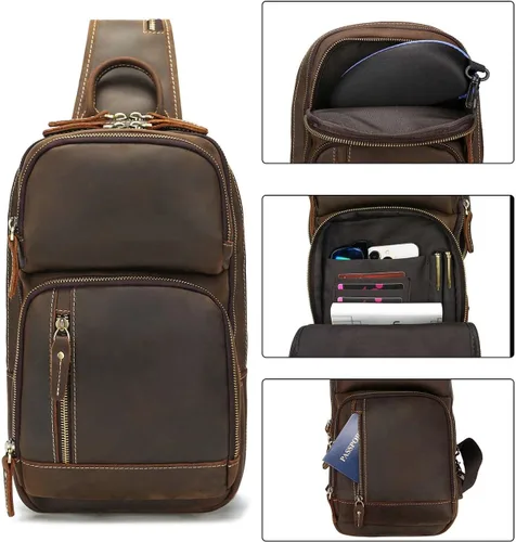 Miniatura 7 de LANNSYNE Bolso bandolera de cuero de grano completo para hombre, mochila cruzada para el pecho para iPad de 10.5 pulgadas
