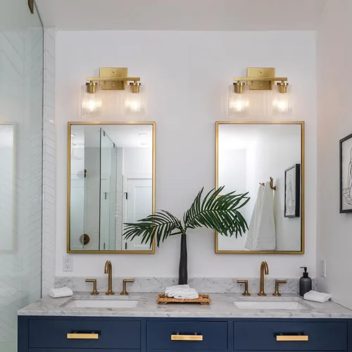 Miniatura 2 de 2 luces de tocador de baño de oro cepillado sobre el espejo, iluminación moderna con pantalla de vidrio texturizado, accesorios de iluminación