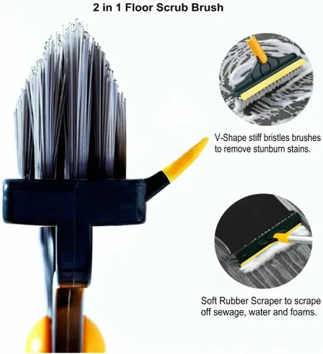 Miniatura 4 de Cepillo de limpieza 2 en 1, cepillo para lechada, raspador, 3 postes de 47.6 pulgadas, cepillo de limpieza para suelos con mango largo, cepillo