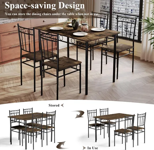 Miniatura 7 de Juego de mesa de comedor de 5 piezas, moderna mesa de cocina de metal y madera con 4 sillas, juegos de mesa de comedor para espacios pequeños