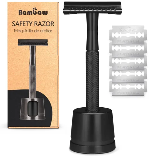 Miniatura 18 de Bambaw Maquinilla de Afeitar de Seguridad de Doble Filo para Hombres con Soporte, Maquinilla de Afeitar de Metal Reutilizable con 5 Cuchillas