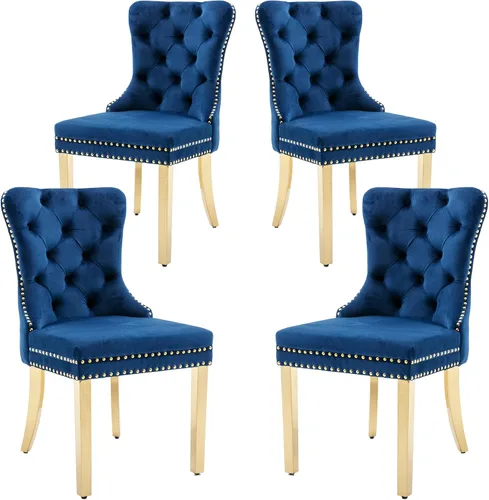 Miniatura 41 de KCC Nikki Collection - Juego de 4 sillas de comedor de terciopelo tapizadas de alta gama con anillo trasero de clavo, patas de madera maciza