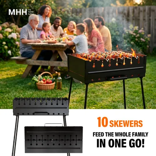 Miniatura 5 de Parrilla de carbón para 10 pinchos - Barbacoa portátil Mangal - Parrilla metálica plegable para Shashlik, Kebab, Picnic, Cocina al aire libre