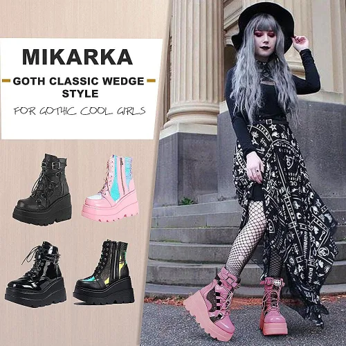 Miniatura 5 de mikarka Botas de plataforma holográfica para mujer con cordones hebilla con tachuelas góticas apiladas botas de combate