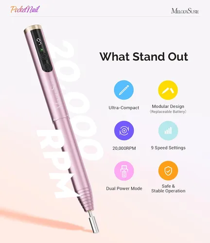 Miniatura 4 de MelodySusie PocketNail - Taladro de uñas modular inalámbrico en forma de bolígrafo, PC100GR 20000 RPM, lima eléctrica recargable para manicura