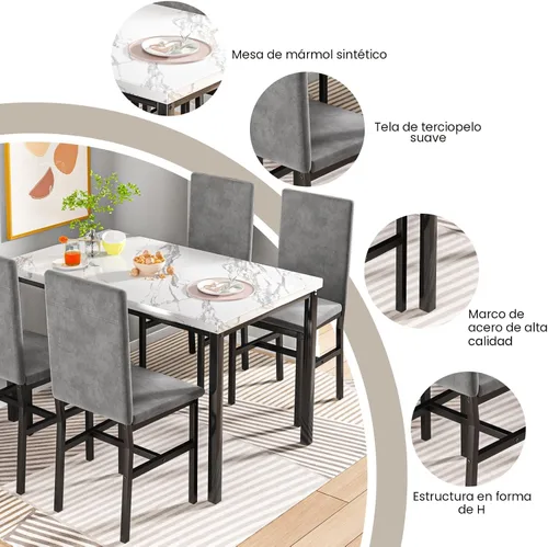 Miniatura 4 de Hooseng Juego de mesa de comedor de 5 piezas para 4 personas con parte superior de mármol sintético y sillas de terciopelo, juego de mesa de cocina