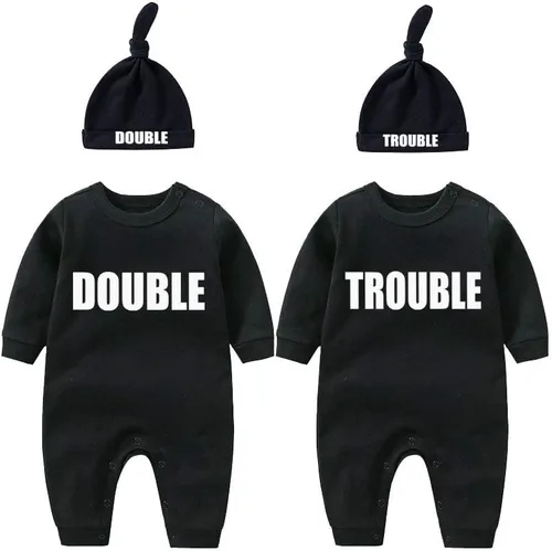 Miniatura 34 de YSCULBUTOL Conjunto de mameluco para bebé gemelos, divertido doble problema, lindo mameluco para niña, mono gemelo, conjunto de sombrero