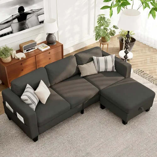 Sofás Seccionales para Sala de Estar - Sofá Moderno en Forma de L de Lino Gris Oscuro de 3 Plazas con Otomana de Almacenamiento Reversible y