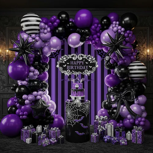 Miniatura 7 de Kit de guirnalda de arco de globos morados y negros con globos de Mylar de estrella de arco y telón de fondo gótico de cumpleaños globos de rayas