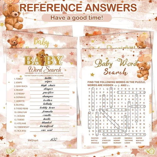 Miniatura 7 de Sherr 320 juegos de baby shower de oso marrón: 6 juegos, 50 hojas cada uno, 20 lápices, incluye descripciones, deseos, adivina quién, bingo
