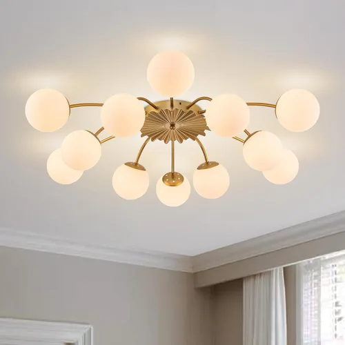 Miniatura 11 de Lámpara de araña Sputnik de 12 luces, color negro con burbujas de vidrio de leche Luces de techo semi empotradas, acento de flor, Art Deco