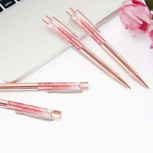 Miniatura 5 de ZZTX 3 bolígrafos de oro rosa, bolígrafo de metal brillante dinámico de arena líquida con repuestos, tinta negra, suministros de oficina, bolígrafos