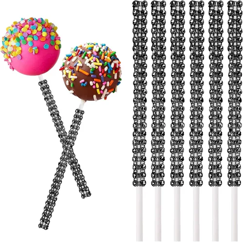 25 palitos de papel brillantes para tartas, palitos de piruleta con diamantes de imitación con brillantina, soporte para dulces para chocolate, Negro