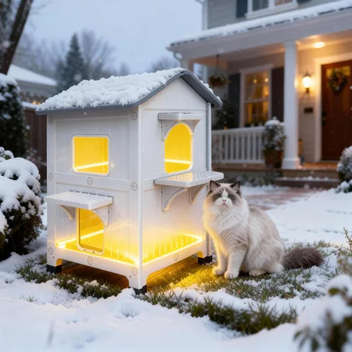 Miniatura 10 de Casa para gatos al aire libre, casas de 2 pisos al aire libre para gatos salvajes, refugio exterior de plástico, resistente a la intemperie