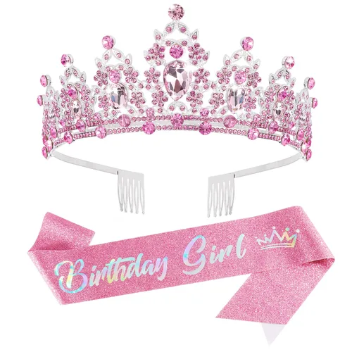 Miniatura 9 de SuPoo Kit de corona y banda de cumpleaños, tiara azul con diamantes de imitación y peine, banda con purpurina, diadema de cristal para mujeres