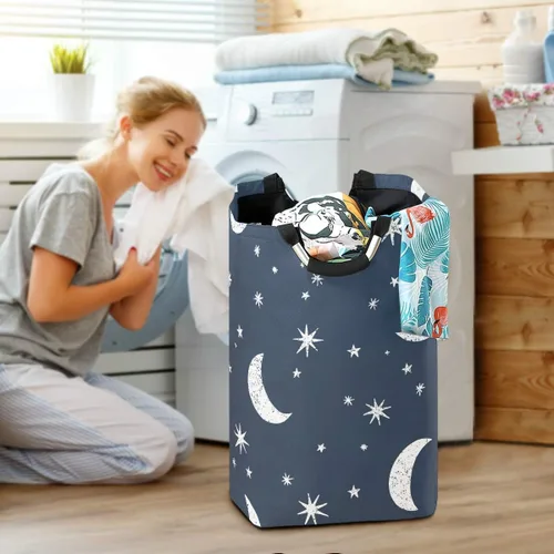 Miniatura 6 de senya Cesta de lavandería grande para compras, bolsa de ropa plegable de tela, cesta de lavandería plegable (luna, estrellas, nubes, cielo)