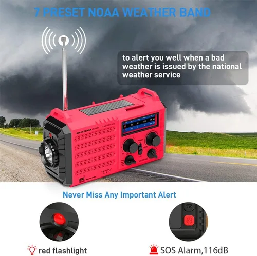Miniatura 2 de Radio meteorológica de emergencia, manivela solar, funciona con pilas, radio de onda corta AM FM portátil con alerta NOAA, linterna, lámpara de Rojo