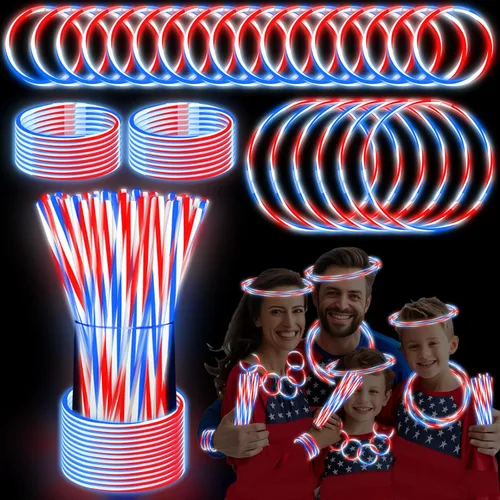 100 varillas luminosas para el 250 aniversario del 4 de julio a granel con conectores, rojo, blanco y azul, 3 colores en 1 que brillan en la