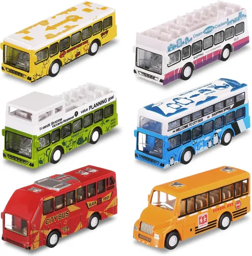 Hanaive Juego de 6 piezas de coches de autobús escolar, juego de autos pequeños de metal fundido a presión, autobús urbano, autobús de doble piso,