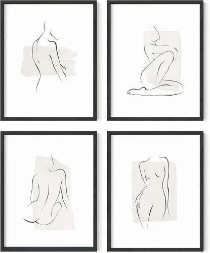 Miniatura 10 de RipGrip Juego de 4 impresiones artísticas minimalistas de líneas, pósteres estéticos, pintura de pared en blanco y negro (sin marco, 12 x 16)