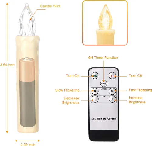 Miniatura 6 de Daord Vela parpadeante sin llama para ventana, luces LED para árbol de Navidad, color blanco cálido, funciona con pilas, velas cónicas eléctricas