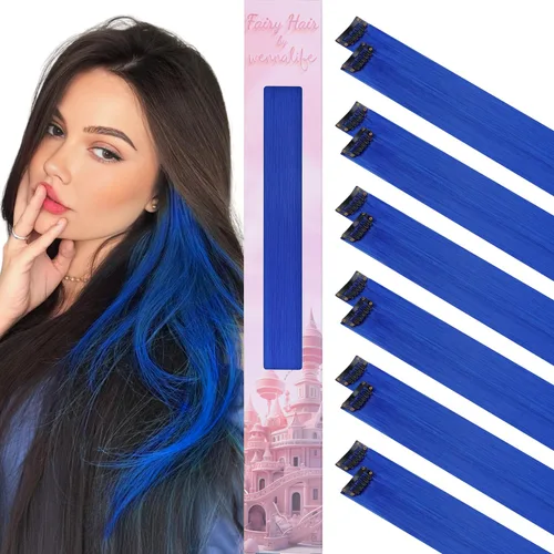 Wennalife 12 piezas de extensiones de cabello azul con clip, extensiones de cabello con clip de colores para niños, pinzas de cabello arcoíris para
