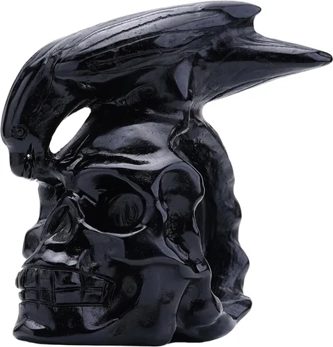 Miniatura 13 de Cabeza de calavera de cristal de obsidiana negra natural de 5 pulgadas, tallada a mano, estatua de piedra curativa de Reiki, decoración de sala
