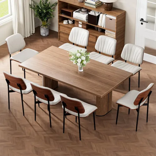 Miniatura 24 de REONEY - Juego de 4 sillas de comedor, modernas de mediados de siglo, tapizadas en piel sintética PU con respaldo de madera curvada de nogal y patas