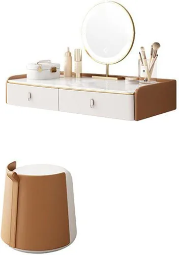Miniatura 10 de Mesa de tocador de maquillaje montada en la pared con espejo iluminado, estante de almacenamiento de escritorio de maquillaje con cajones y taburete