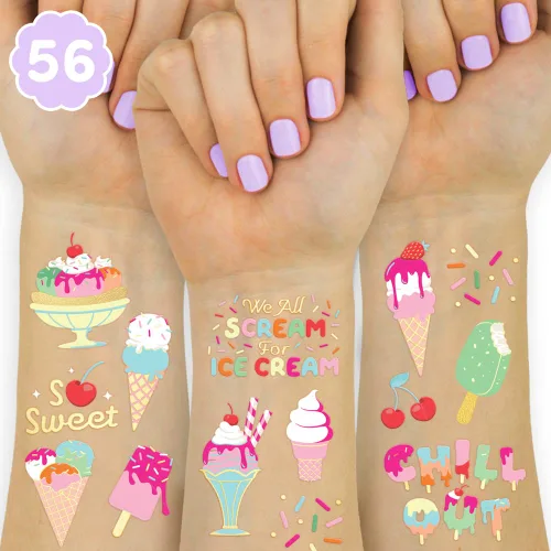 xo, Fetti Tatuajes temporales para fiesta de cumpleaños de helados para niños, 56 estilos de purpurina | Postre, suministros de fiesta de baby