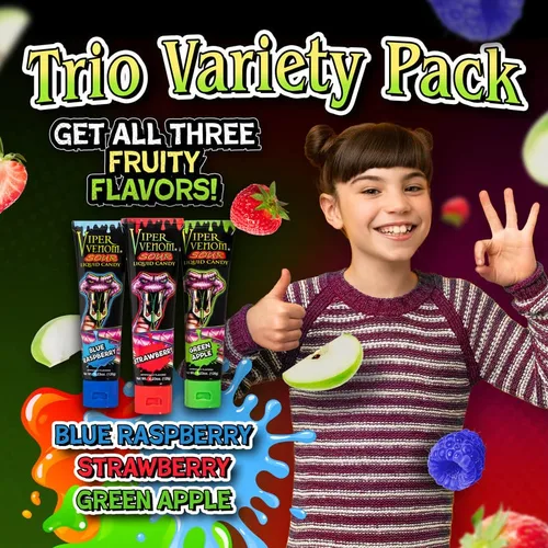 Miniatura 3 de Viper Venom - 12 tubos de caramelo líquido para apretar, empaquetados individualmente, incluye 3 sabores: frambuesa azul, fresa y manzana verde