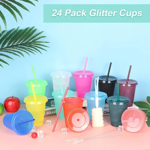 Miniatura 2 de 24 Piezas Vasos de Plástico con Tapas y Pajitas, Vasos Reutilizables con Tapas Vasos Coloridos de Plástico para Fiesta de Cumpleaños, Taza de Café