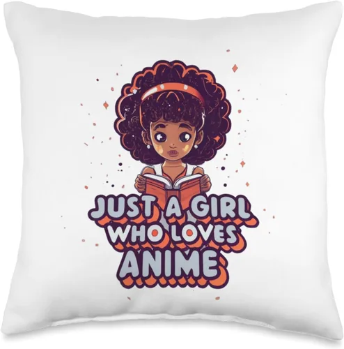 African American Anime Just a girl who loves Anime Just Loves Anime Black Afro Girl Throw Pillow, 16x16, Multicolor
