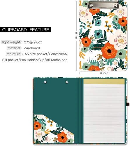 Miniatura 3 de Hongri Mini Portapapeles Folio con Bloc de Notas Rayado Recargable y Bolsillo de Almacenamiento Interior para Estudiantes, Aula, Oficina, Mujeres