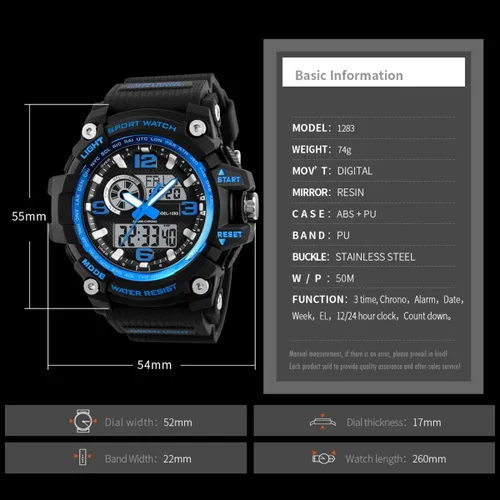 Miniatura 7 de Reloj deportivo analógico digital LED 50M impermeable para hombre reloj deportivo al aire libre militar multifunción casual doble pantalla de 12