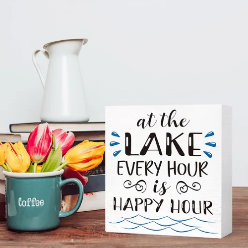Miniatura 5 de Letrero de madera con texto en inglés "Lake Every Hour is Happy Hour", decoración de escritorio para el hogar, dormitorio, oficina, escritorio