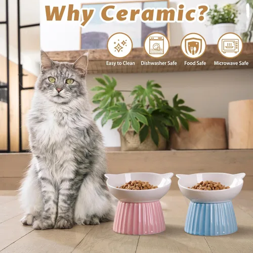 Miniatura 6 de Cuenco elevado de cerámica para gatos, tazón inclinado con elevación, anti-vómito, para gatos de interior, amigable con los bigotes, comedero