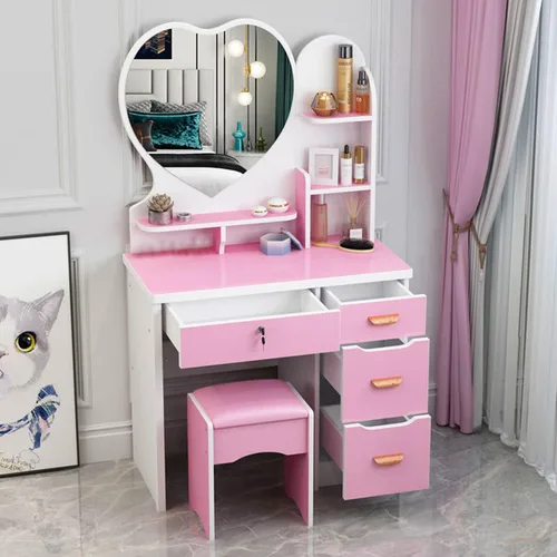 QQXX Juego de tocador grande con espejo, tocador de maquillaje con estantes de almacenamiento y 4 cajones, taburete acolchado para dormitorio de