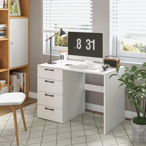 Miniatura 4 de Giantex Escritorio blanco para computadora con 4 cajones grandes, escritorio para computadora portátil para oficina en casa, mesa de escritura