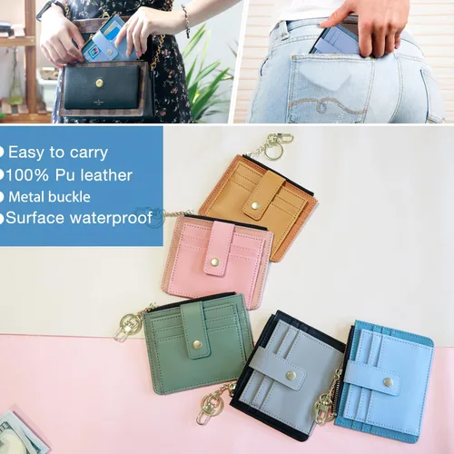 Miniatura 7 de Deziliao Funda delgada para tarjetas de crédito con bloqueo Rfid para mujer, cartera con cremallera, cartera pequeña y compacta de cuero