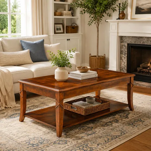 Mesa de centro de madera maciza con estante de almacenamiento, mesa de centro rectangular moderna de mediados de siglo para sala de estar, mesa