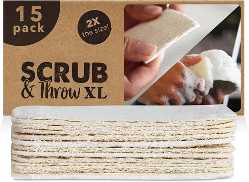Scrub & Throw Esponja exfoliante de lufa XL, natural, sin plástico, antiarañazos, para cocina, platos, ollas y limpieza, a base de plantas, sin